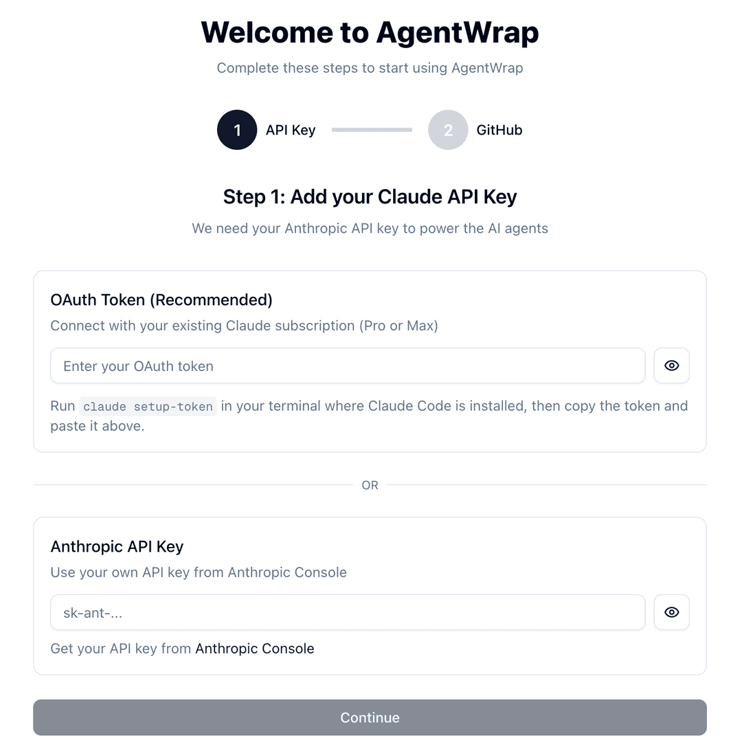 AgentWrap setup screen showing API key and OAuth token options for connecting to Anthropic