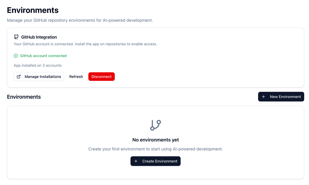 Environment creation screen displaying GitHub repository selection and management options